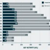 Wykres porównuje aktywność ALP u dzieci i dorosłych, wskazując na podejrzenie HPP.