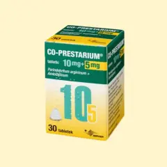 Opakowanie leku CO-PRESTARIUM 10mg+5mg, zawierające 30 tabletek. Pomaga w leczeniu nadciśnienia.