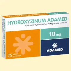 Opakowanie leku Hydroxyzine Adamed 10 mg, zawierające 25 tabletek powlekanych.