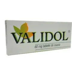 Opakowanie leku Validol, 60 mg tabletki do ssania, z zielono-żółtym symbolem liścia.