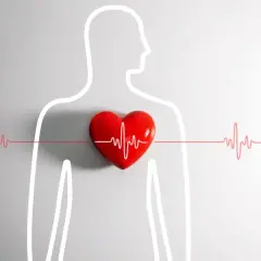Czerwone serce z linią EKG na tle zarysu ludzkiej sylwetki. Symbolizuje zdrowie i bicie serca, jakby w naszych "potach" życia.