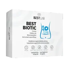 Opakowanie probiotyku Best Biotic z grafiką jelit i ikonami.