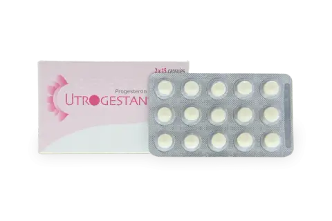 Opakowanie Utrogestan z 30 kapsułkami w blistrze.
