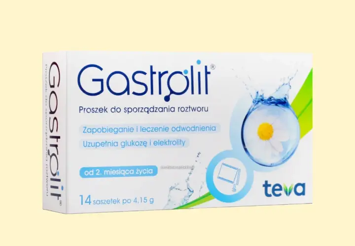 Opakowanie Gastrolit, proszek do sporządzania roztworu, zapobiega odwodnieniu, uzupełnia glukozę i elektrolity. 14 saszetek.