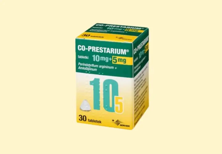 Opakowanie leku CO-PRESTARIUM 10mg+5mg, zawierające 30 tabletek. Pomaga w leczeniu nadciśnienia.
