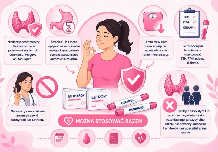 Kobieta cieszy się, że leki jak Letrox i Euthyrox można stosować razem z Ozempic i Mounjaro. Tarczyca i Hashimoto nie są przeciwwskazaniem.