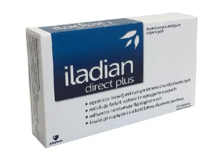 Opakowanie Iladian Direct Plus, leku na infekcje intymne. Pomaga ograniczyć rozwój mikroorganizmów, redukuje świąd i nieprzyjemny zapach.