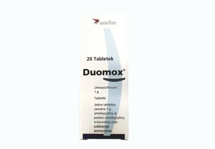 Opakowanie leku Duomox, zawierające 20 tabletek po 1g amoksycyliny. Stosowany na infekcje bakteryjne.