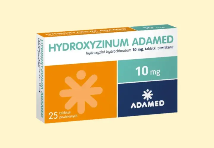 Opakowanie leku Hydroxyzine Adamed 10 mg, zawierające 25 tabletek powlekanych.