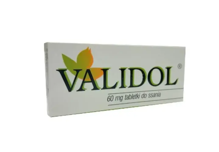 Opakowanie leku Validol, 60 mg tabletki do ssania, z zielono-żółtym symbolem liścia.