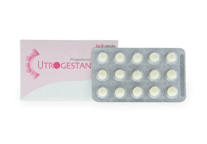 Opakowanie Utrogestan z 30 kapsułkami w blistrze.