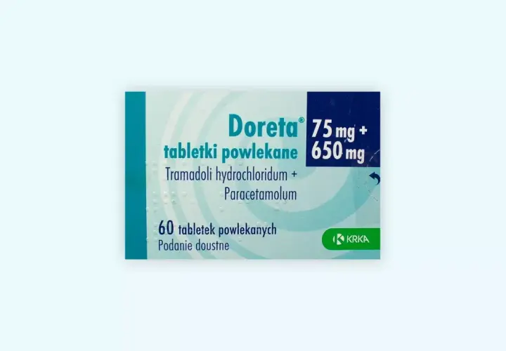 Opakowanie leku Doreta, zawierające 60 tabletek powlekanych tramadolu i paracetamolu.