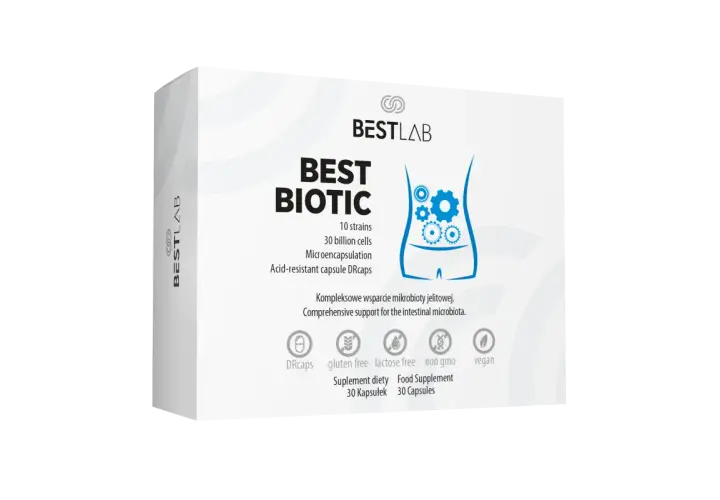 Opakowanie probiotyku Best Biotic z grafiką jelit i ikonami.