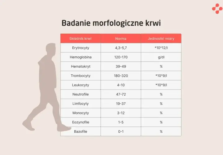 Tabela z badaniem morfologicznym krwi, pokazująca normy dla erytrocytów, hemoglobiny, hematokrytu, trombocytów, leukocytów i innych składników. P-lcr.