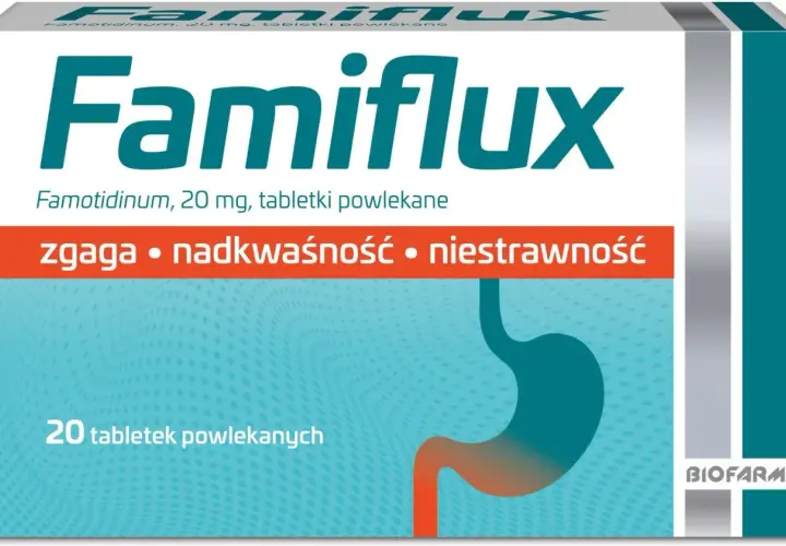 Opakowanie leku Famiflux, zawierające 20 tabletek powlekanych, pomaga na zgagę, nadkwaśność i niestrawność.