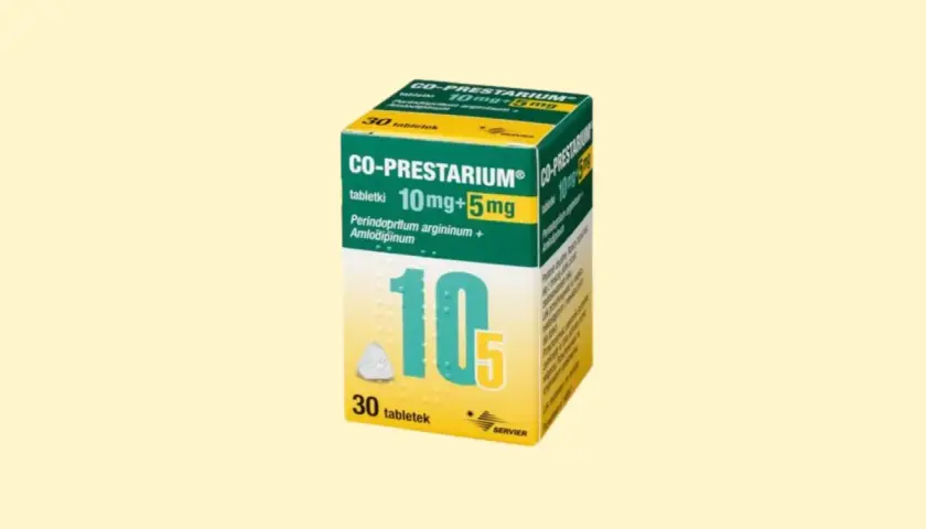 Opakowanie leku CO-PRESTARIUM 10mg+5mg, zawierające 30 tabletek. Pomaga w leczeniu nadciśnienia.