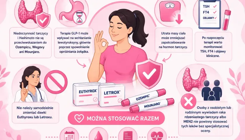 Kobieta cieszy się, że leki jak Letrox i Euthyrox można stosować razem z Ozempic i Mounjaro. Tarczyca i Hashimoto nie są przeciwwskazaniem.