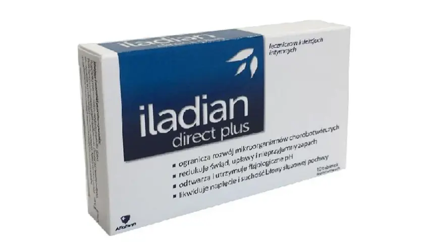 Opakowanie Iladian Direct Plus, leku na infekcje intymne. Pomaga ograniczyć rozwój mikroorganizmów, redukuje świąd i nieprzyjemny zapach.