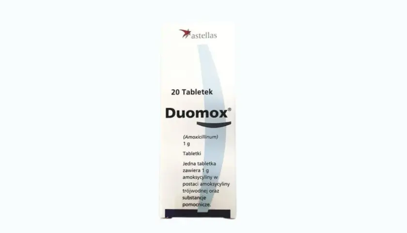 Opakowanie leku Duomox, zawierające 20 tabletek po 1g amoksycyliny. Stosowany na infekcje bakteryjne.