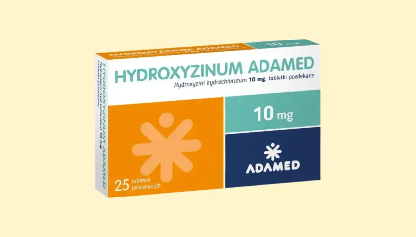 Opakowanie leku Hydroxyzine Adamed 10 mg, zawierające 25 tabletek powlekanych.