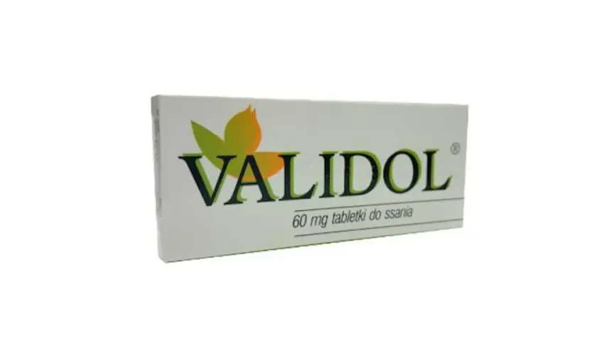 Opakowanie leku Validol, 60 mg tabletki do ssania, z zielono-żółtym symbolem liścia.