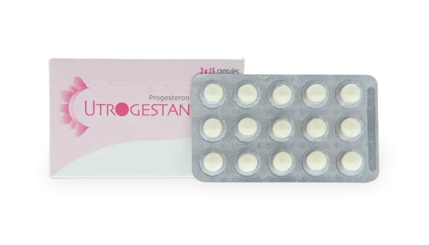 Opakowanie Utrogestan z 30 kapsułkami w blistrze.