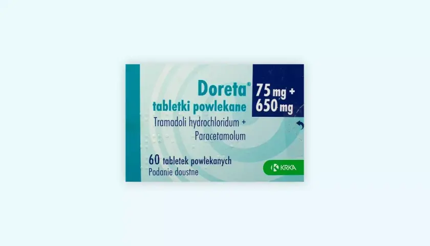 Opakowanie leku Doreta, zawierające 60 tabletek powlekanych tramadolu i paracetamolu.