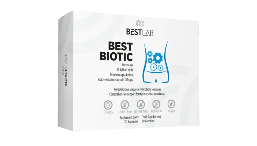 Opakowanie probiotyku Best Biotic z grafiką jelit i ikonami.